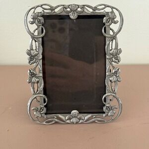 Silver Tone Rectangular Photo Frame Floral Design Holds 3" x 4.5" Picture